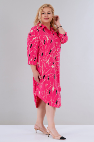 МАКСИ рокля тип риза в цикламено розово с принт линии