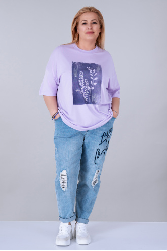 МАКСИ тениска от памучно трико в лилаво с щампа
