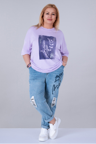 МАКСИ тениска от памучно трико в лилаво с щампа