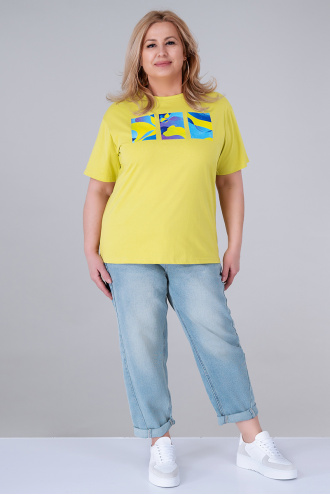 МАКСИ тениска от памук в цвят лайм с принт правоъгълници с акварелен принт