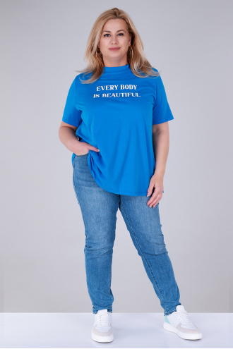 МАКСИ тениска от памук в синьо с бял надпис