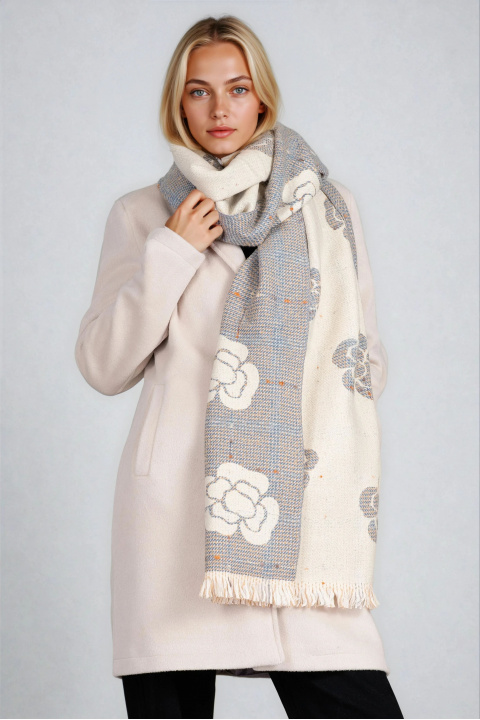 Дамски двулицев шал в бежово и сиво с принт цветя