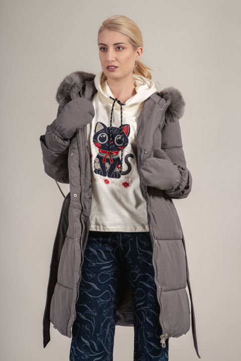Дамско дълго зимно яке в сиво с допълнителни ръкавици
