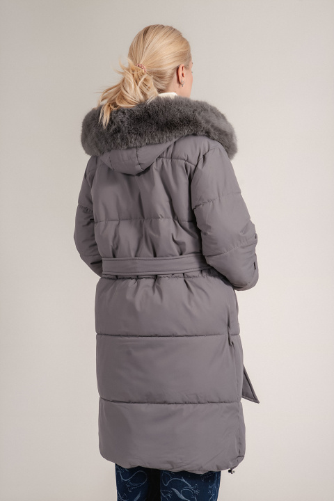 Дамско дълго зимно яке в сиво с допълнителни ръкавици
