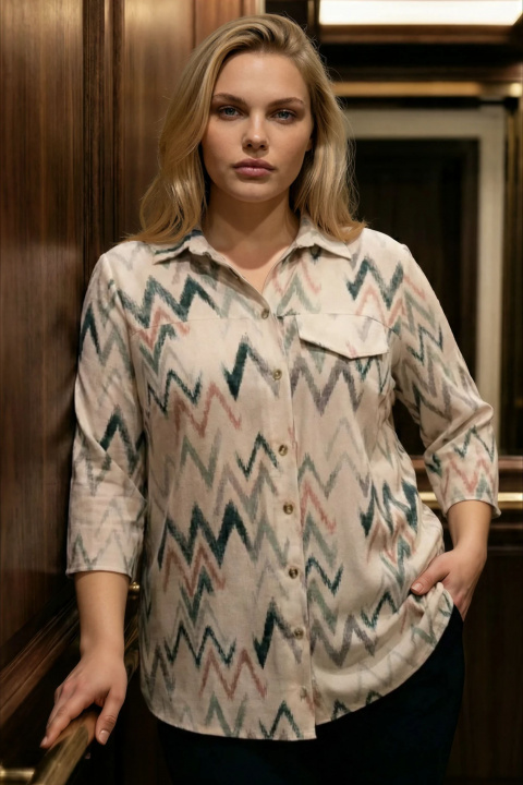 МАКСИ риза в цвят екрю с принт в зелено и розово