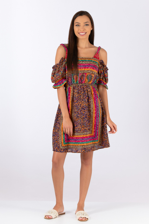 Къса многоцветна рокля с ластик на талията и индийски принт