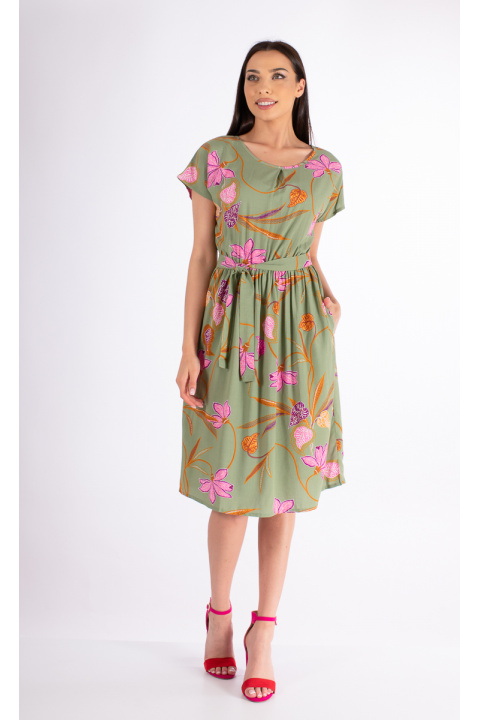 Къса рокля в бежово с ластик в талията с принт принт розови цветя с оранжеви листа