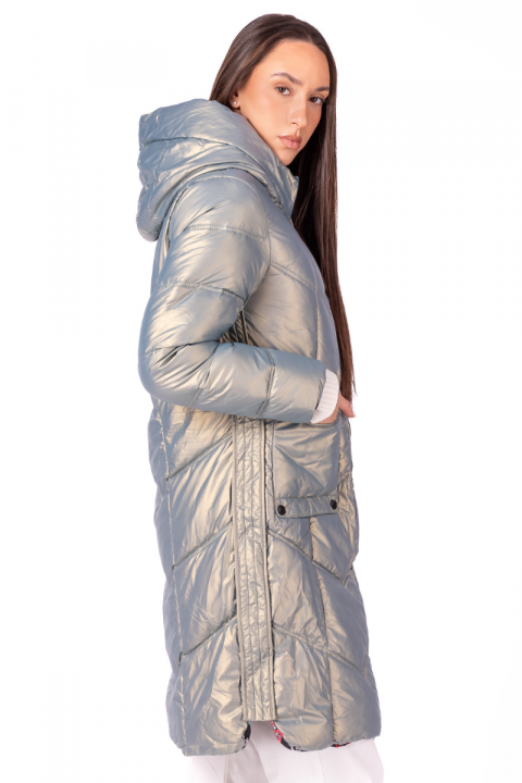 Дамско дълго двулицево яке в цвят хамелеон с цветна подплата