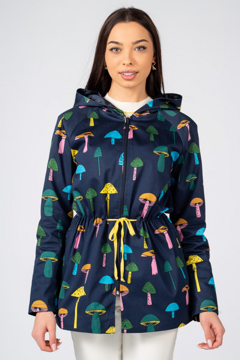 Дамски пролетен шлифер в тъмносиньо с принт цветни гъби