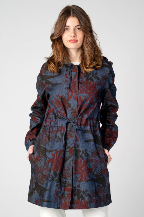 Дамски тънък шлифер от син деним с флорален принт