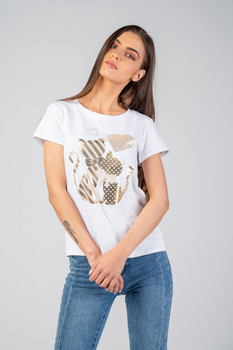 Дамска тениска в бяло с щампа котки и пайети в бежово и златисто
