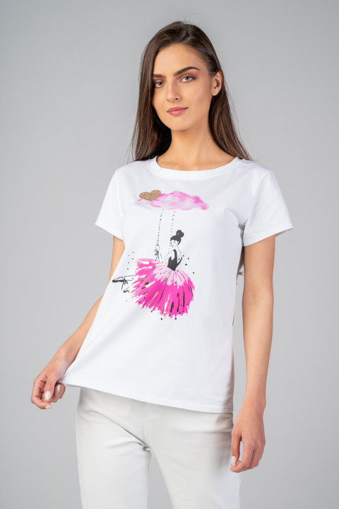 Дамска тениска в бяло с щампа розова балерина