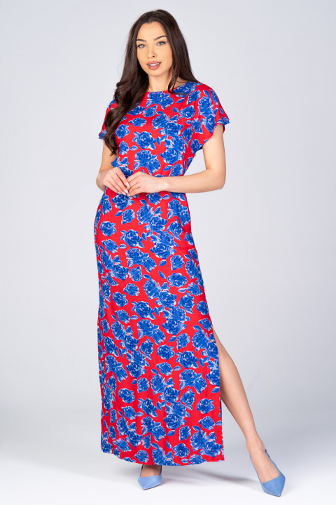 Дълга рокля в червено със странични цепки и принт сини рози