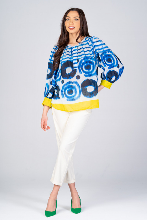 Дамска ефирна блуза тип туника в синьо, бяло и жълто