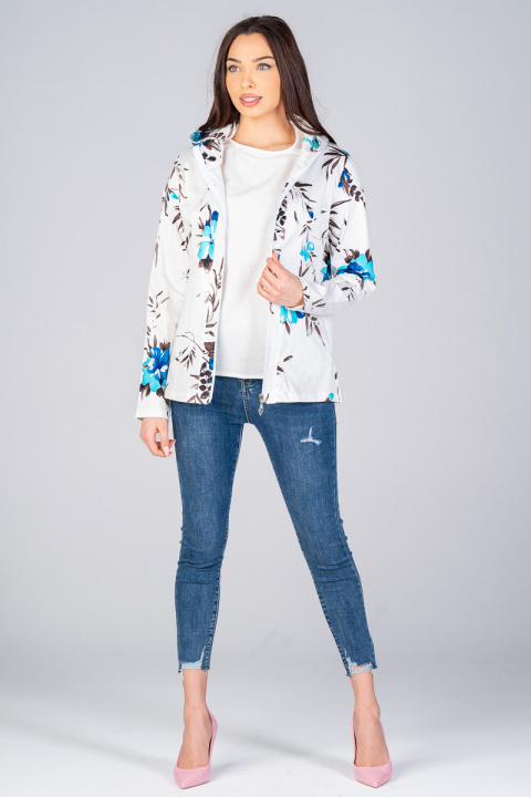 Дамско тънко яке от памук в бяло с принт сини цветя