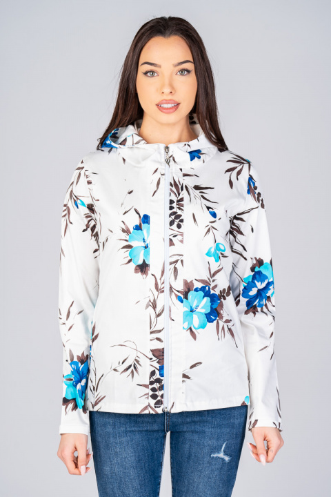 Дамско тънко яке от памук в бяло с принт сини цветя