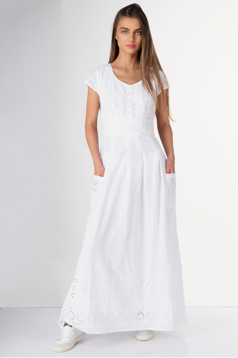 Дамска рокля с рязана бродерия и джобове в бяло