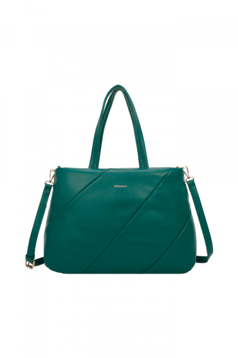 Дамска кожена чанта в зелено с диагонални шевове