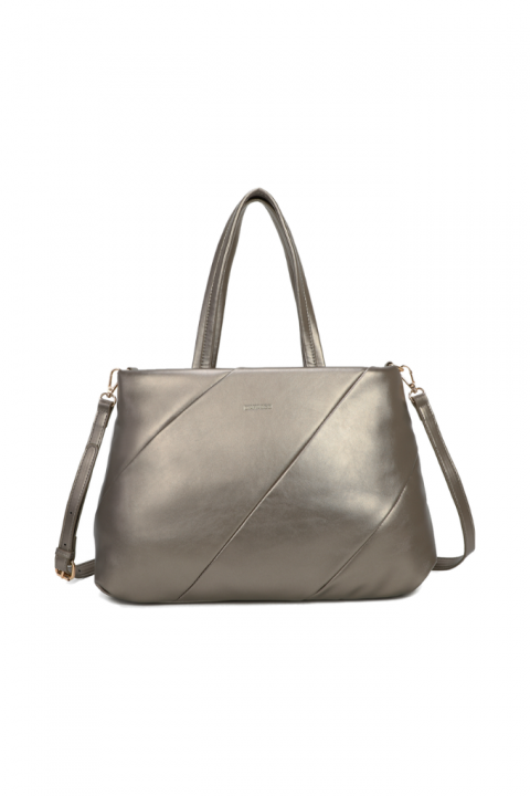Дамска кожена чанта в бронзов металик с диагонални шевове