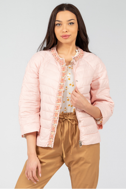 Дамско тънко яке от шушляк в розово с декорирани перли