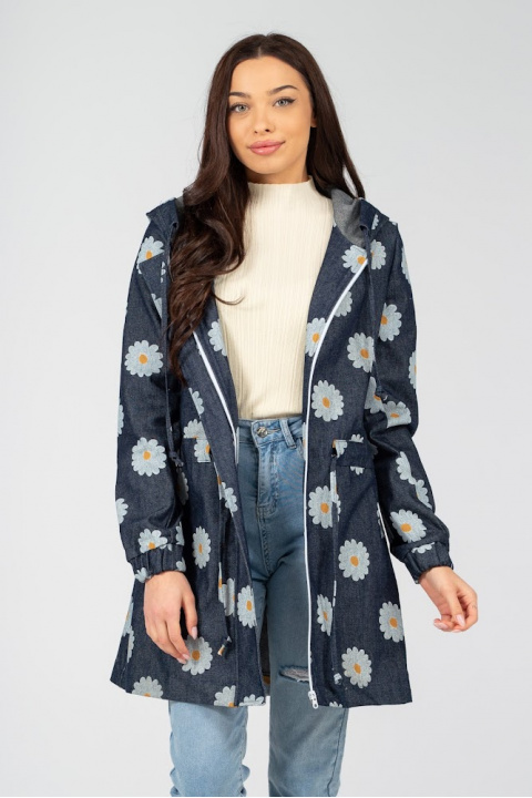 Дамски тънък шлифер от син деним с принт бели маргаритки