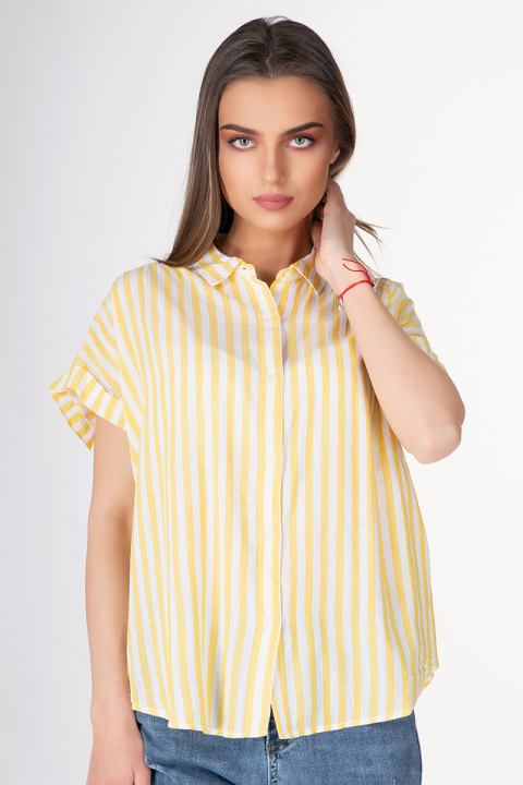 Дамска риза с къс ръкав в бяло и жълто райе