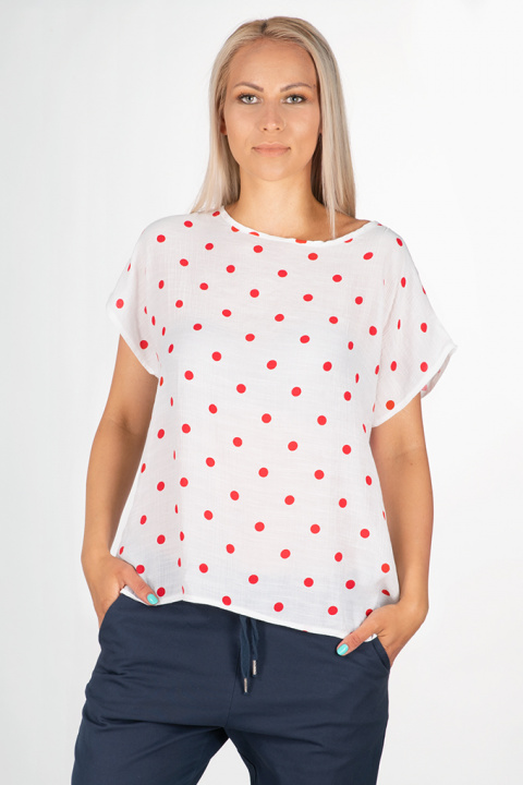 Ефирна блуза от лека материя в бяло на червени точки