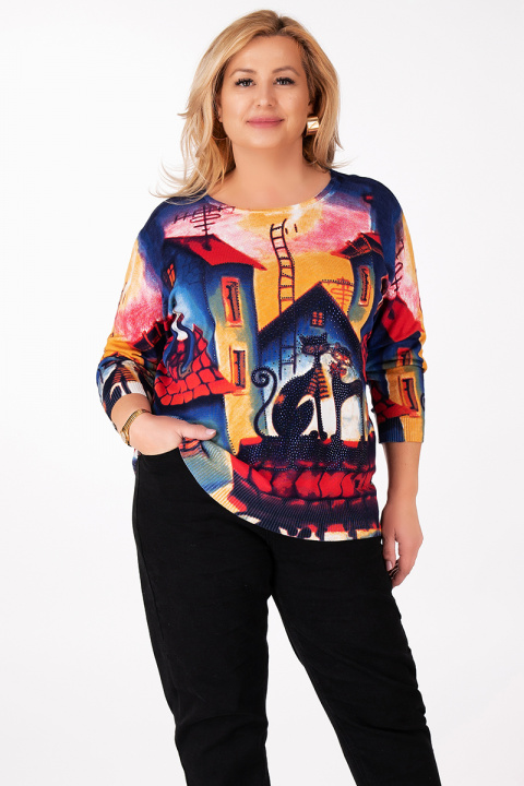 МАКСИ пуловер от фино плетиво с принт градски пейзаж с котки и камъни