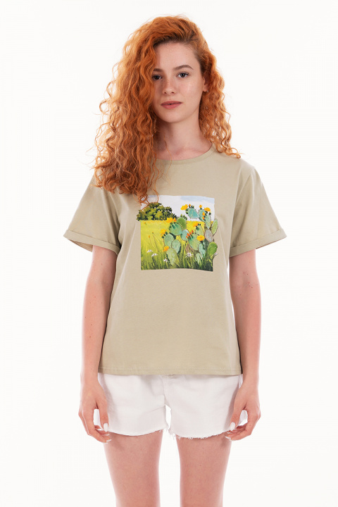 Дамска тениска в цвят милитъри с щампа кактус