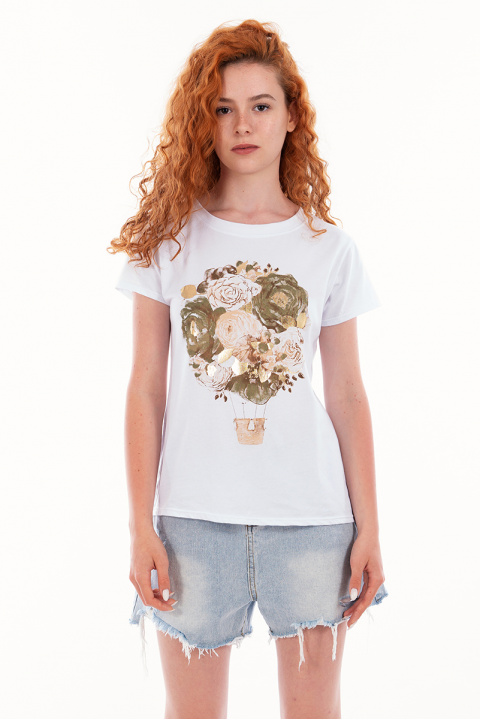 Дамска тениска от памук в бяло с щампа рози в бежово и златисто