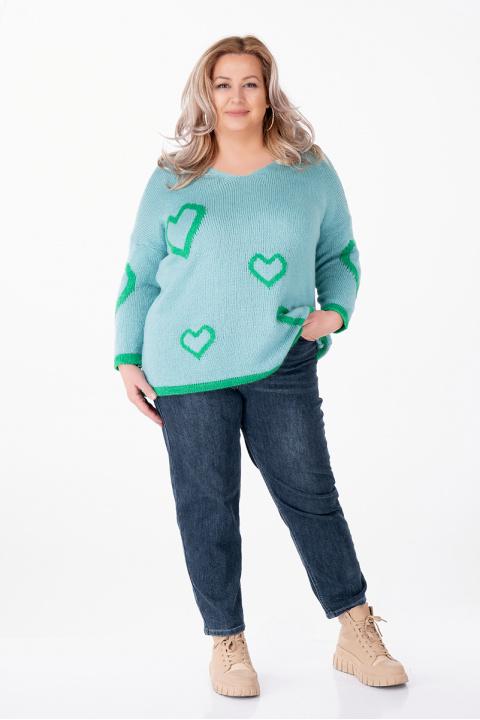 МАКСИ пуловер от едро плетиво в светлосиньо с принт зелени сърца