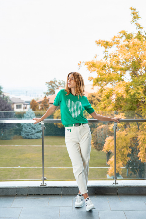 Дамска блуза от фино плетиво в зелено с пепитено сърце