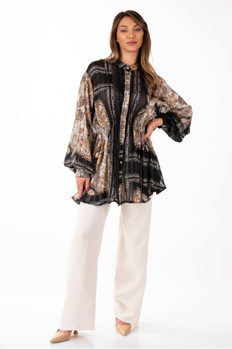 Дамска блуза от шифон с етно принт в кафяво и бежово
