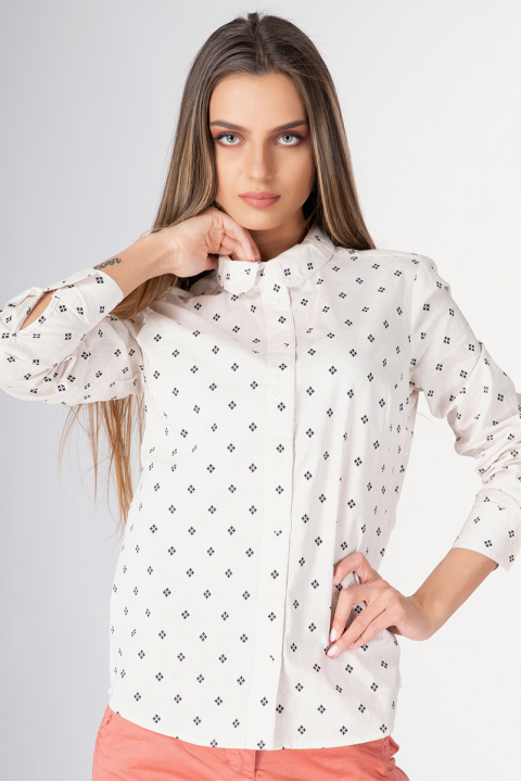 Дамска риза в бяло със ситен принт
