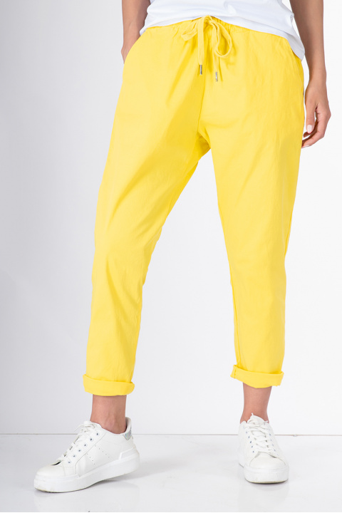 Дамски памучен панталон с връзка в жълто