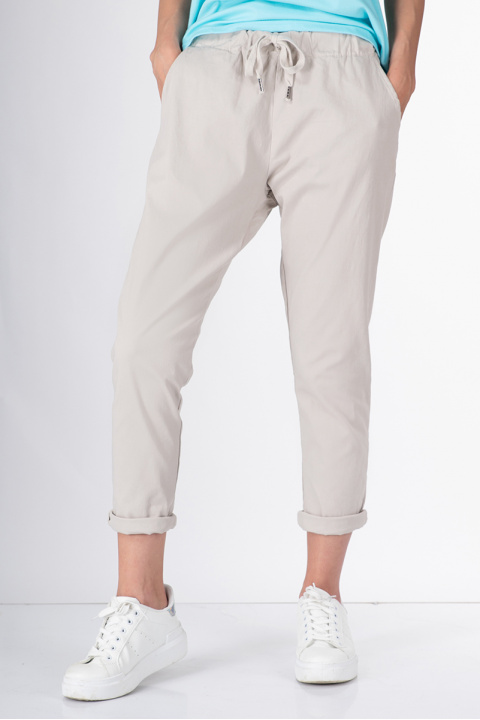 Дамски памучен панталон с връзка в бежов цвят
