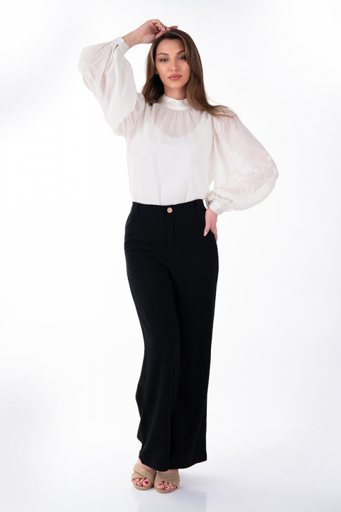 Дамски широк панталон от лен и памук в черно