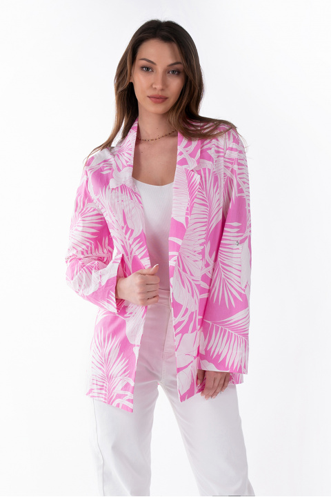 Дамско оувърсайз сако в розово с принт бели листа