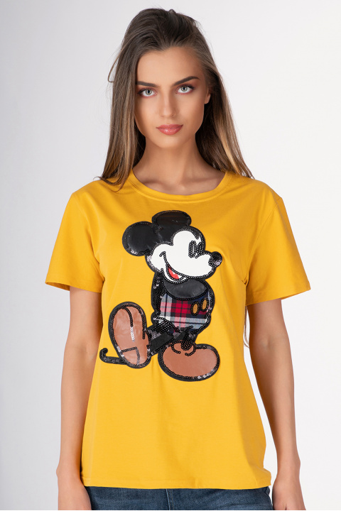 Дамска тениска в горчица с щампа Мики Маус