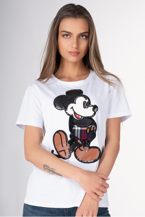Дамска тениска в бяло с щампа Мики Маус