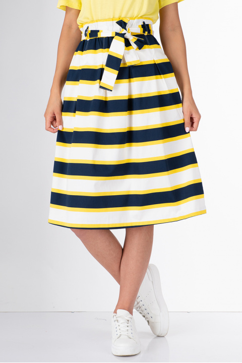 Дамска пола в хоризонтални сини, бели и жълти райета