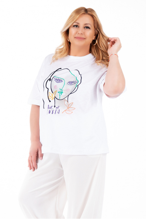 МАКСИ тениска от памук в бяло с щампа абстрактно женско лице