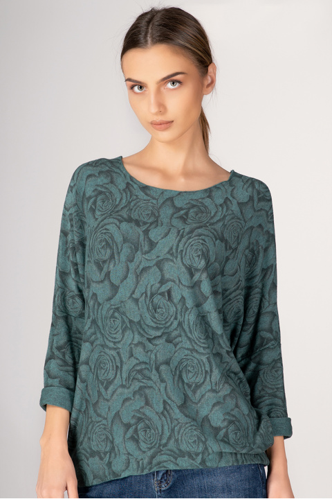 Дамска блуза от фино плетиво в зелено с флорален принт