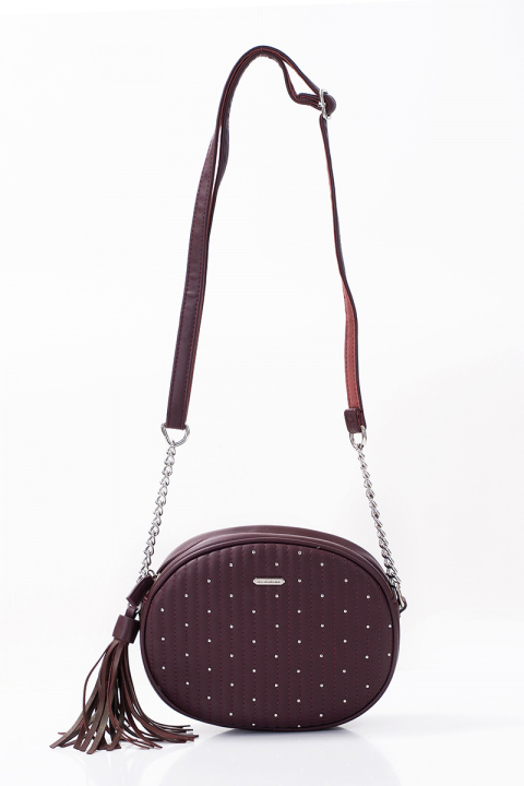 Дамска малка овална чанта в цвят тъмно бордо с метални капси