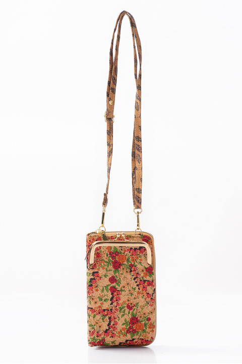 Мини чанта тип портмоне от корк с флорален принт