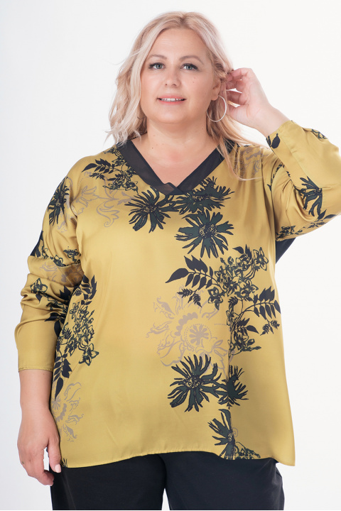 МАКСИ сатенирана блуза в цвят лайм с принт цветя