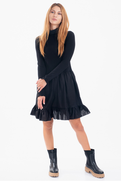 Дамска рокля от памук с дълъг ръкав в черно