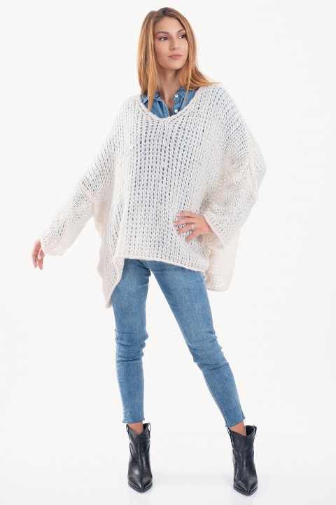 Дамски широк пуловер от грубо плетиво в бежово