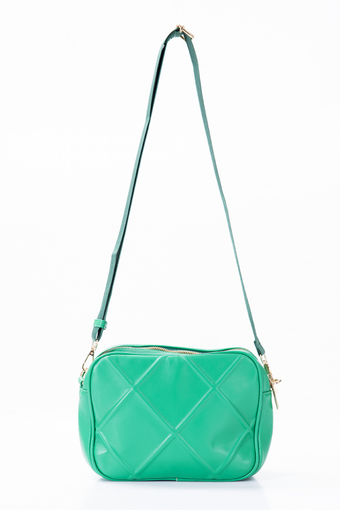 Малка дамска чанта от еко кожа в зелено с релефна шарка и дълга дръжка