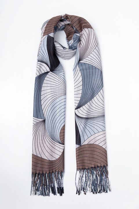 Дамски шал с кашмир в сиво-синята гама с абстрактен принт
